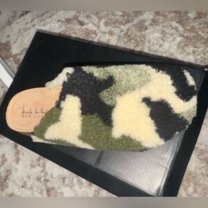 Nicole Miller Green, Black & Cream Camouflage Sherpa Mules